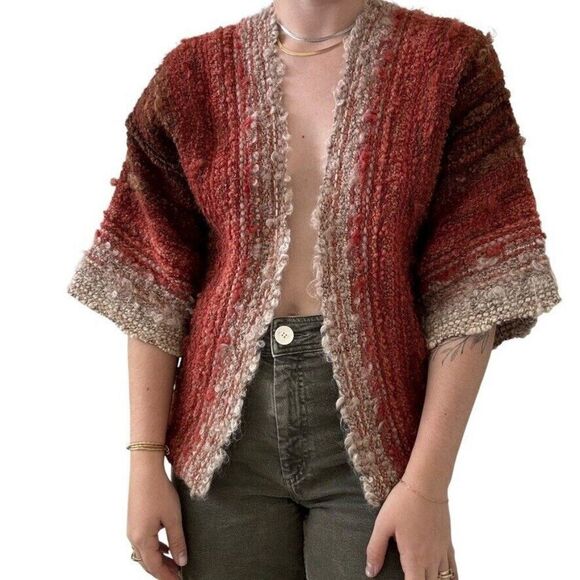 Vintage 1970s Hand Knit Sunset Desert Colored Chunky Wool Boho Cardigan Sz M - Picture 4 of 8